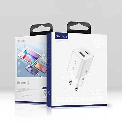 Laidinis įkroviklis Dux Ducis C80 Super Si – USB + Type C – PD 30W QC 3.0 18W 3A baltos spalvos