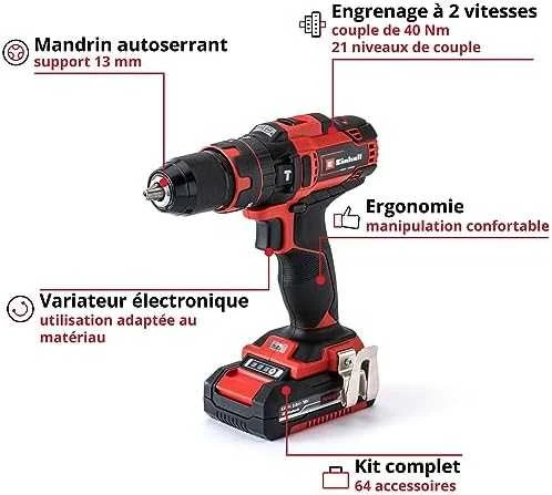 Einhell smūginis suktuvas gręžtuvas TE-CD 18/40 Li-i + 64 priedai (2×2,0Ah) 4513992