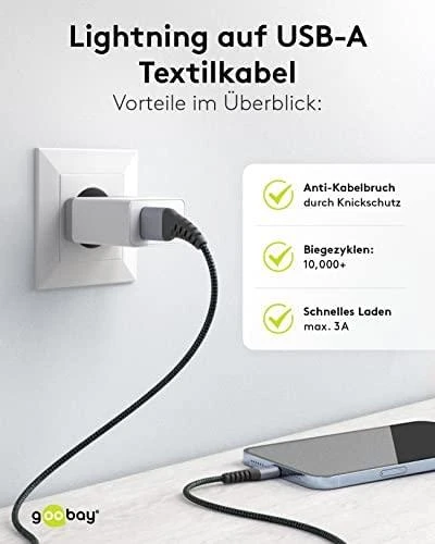 Goobay | Lightning to USB-A tekstilinis kabelis su metaliniais kištukais | 49268 | USB-A į „Lightning“.