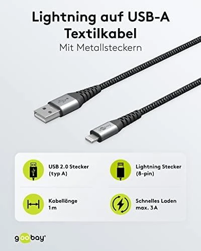 Goobay | Lightning to USB-A tekstilinis kabelis su metaliniais kištukais | 49268 | USB-A į „Lightning“.