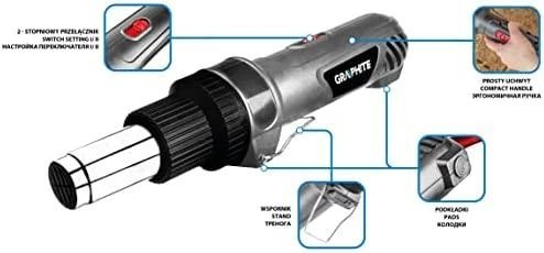 Opalarka techninis fenas 2000 W karšto oro pistoletas, temperatūros diapazonas: I: 350 °C, II: 550 °C, tiesi rankena