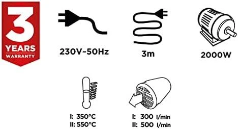 Opalarka techninis fenas 2000 W karšto oro pistoletas, temperatūros diapazonas: I: 350 °C, II: 550 °C, tiesi rankena