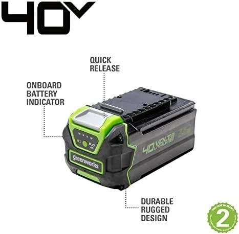 Greenworks 40V akumuliatorius su techninių savybių žymėjimu