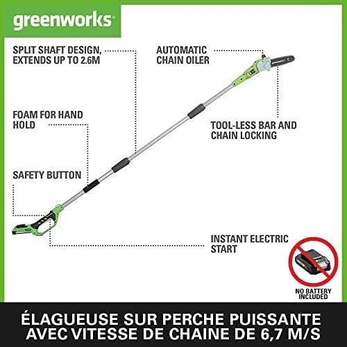 Greenworks G24PS20 aukštapjovė medžiams genėti 24V be akumuliatoriaus