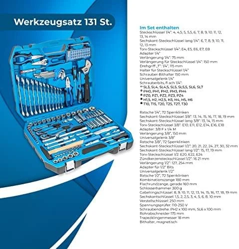 Įrankių komplektas Hogert HT1R439; 1/2''; 3/8''; 1/4''; 131 vnt.