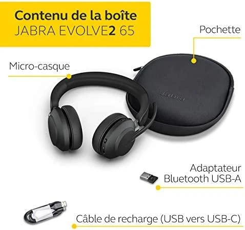 Belaidės Ausinės Jabra EVOLVE2 65 USB-A UC Stereo, Juodos