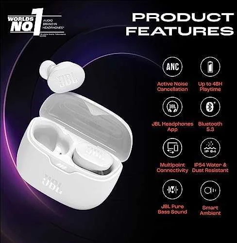 JBL Tune Buds TWS belaidės ausinės, Baltos