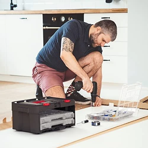 Įrankių dėžė - KETER Stack'N'Roll su 3 organizatoriais Juoda