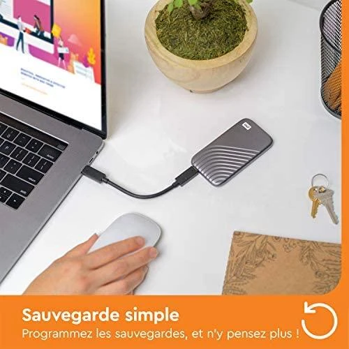 Kietasis diskas Western Digital „Sandisk WD 2TB My Passport SSD“ – nešiojamas SSD diskas, kurio skaitymo ir įrašymo greitis siekia 1050 MB/s, o įrašymo – 1000 MB/s, USB 3.2 Gen 2 – kosminės pilkos spalvos