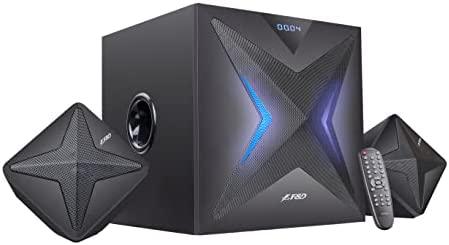Kompiuterio kolonėlės Fenda F&D F550X 2.1 daugialypės terpės garsiakalbiai, 56 W RMS (14 Wx2 + 28 W), 2x3 colių palydovai + 6,5 colio žemųjų dažnių garsiakalbis, BT 5.0 / NFC / AUX / USB / FM / SD kortelių skaitytuvas / kelių spalvų LED / LED Ekranas / nuotolinio valdymo pultas /Medinis/Juodas