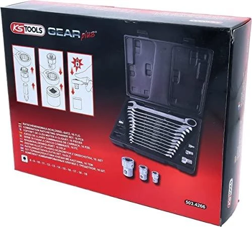 Kombinuotų terkšlinių raktų komplektas su adapteriais 16vnt, KS Tools