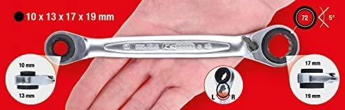 Dvigubas žiedinis terkšlinis raktas su reversu 10x19mm-13x17, KS Tools