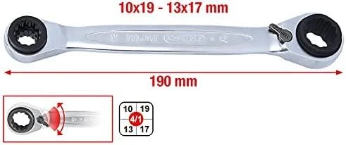 Dvigubas žiedinis terkšlinis raktas su reversu 10x19mm-13x17, KS Tools