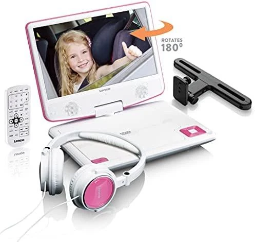 Vaizdo grotuvas LENCO DVP-910 9 DVD-Player + USB &amp; KfZ-Halterung. pink/wei