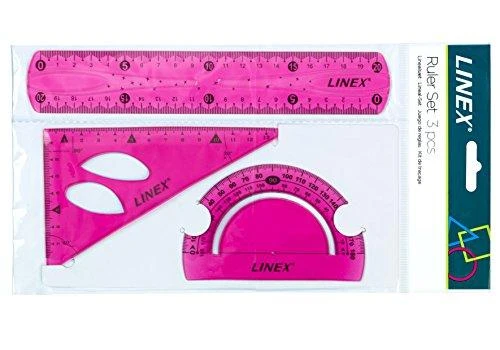 Lanksčių liniuočių rinkinys Linex su 20 cm liniuote, matlankiu ir trikampę liniuote, rožinis