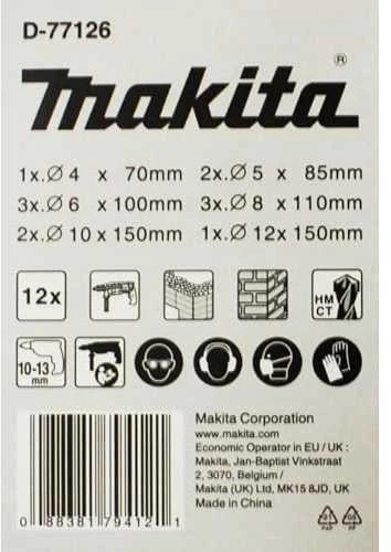 Makita D-77126 Grąžtų mūrui rinkinys 12 vnt (4x70mm - 5x85mm (2x) - 6x100mm (3x) - 8x110mm (3x) - 10x150 (2x) - 12x150mm)