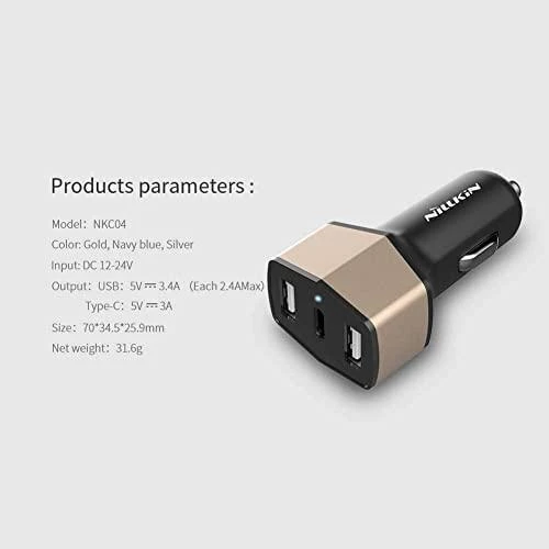 Dėklas Nillkin Celerity automobilinis įkroviklis - 2x USB-A + 1x USB-C, 32W sidabro spalvos
