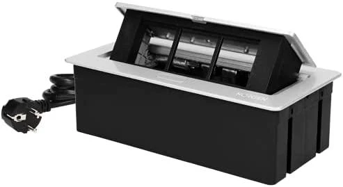 Orno NOEN baldų kasetė, įleidžiama į stalviršį, su integruotu PVC rėmu moduliniams lizdams 3 x 45x45mm arba 6 x 22,5x45mm, 1,5m laidas, sidabrinė