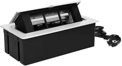 Orno NOEN baldų kasetė, įleidžiama į stalviršį, su integruotu PVC rėmu moduliniams lizdams 3 x 45x45mm arba 6 x 22,5x45mm, 1,5m laidas, sidabrinė