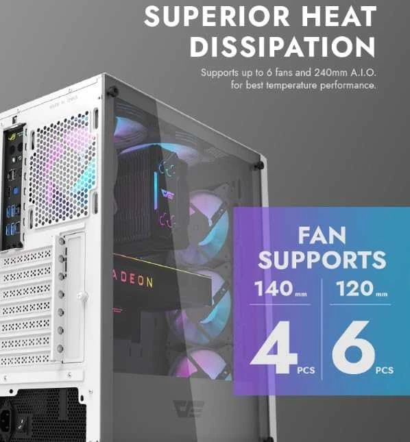Kompiuterio dėklas Darkflash DK352 Plus su 4 ventiliatoriais (juodai baltas)