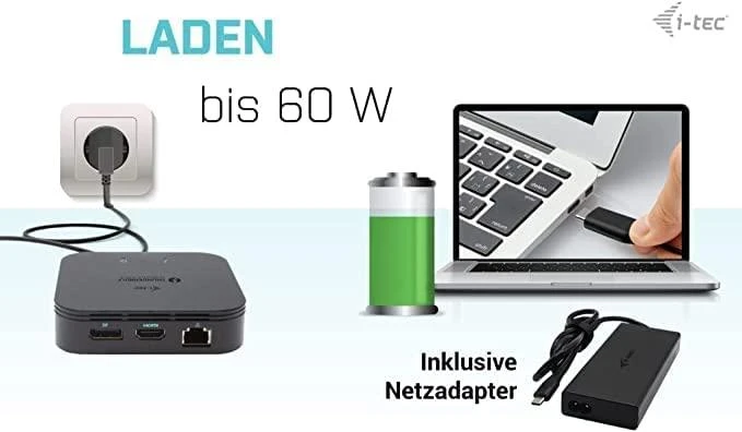 I-TEC USB-C HDMI dviejų DP prijungimo stotelė su maitinimo tiekimu 100 W + I-tec universalus įkroviklis 112 W