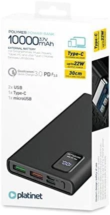 Išorinė baterija POWER BANK Platinet LED 10000mAh (2xUSB; 1xType-C; QC3.0 22,5W) juoda