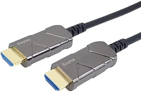 HDMI 2.1 optinis kabelis su pažymėtais Source ir Display antgaliais