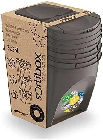 Prosperplast Sortibox pilkos spalvos šiukšlių dėžių rinkinys 3x25L