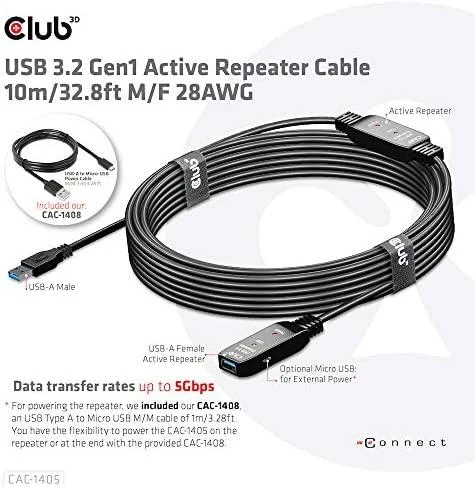 Club 3D CLUB3D USB 3.2 Gen1 aktyvaus kartotuvo kabelis 10 m / 32,8 pėdų M/F 28AWG