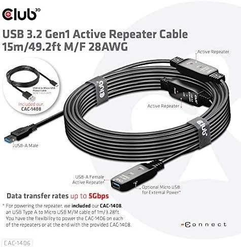 Goobay CLUB 3D CAC-1406 USB 3.2 Gen1 aktyvaus kartotuvo kabelis 15m M/F 28AWG