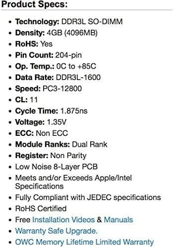 RAM Specialus atmintis OWC DDR3L, 4 GB, 1600 MHz, CL11 (OWC1600DDR3S4GB)