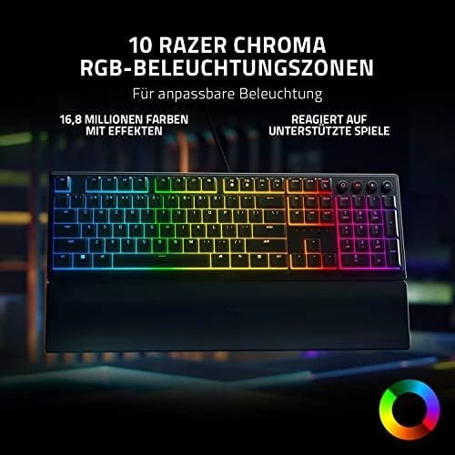 Klaviatūra „Razer Ornata V3“, mechamembraniniai jungikliai, 10 „Razer Chroma RGB“ apšvietimo zonų, 1000 Hz „Ultrapolling“, apšviesti klavišai, minkštas riešo atramos paviršius – vokiškas išdėstymas
