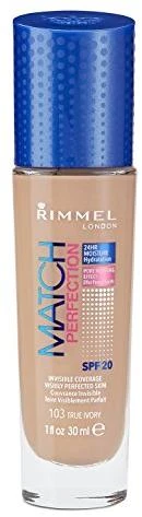 Rimmel London Match Perfection SPF20 makiažo pagrindas Moterims 30 ml, True Ivory 103 - Neutral