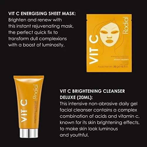 „Little Luxuries“ rinkinys „Rodial“: skaistinamasis veido gelis su vitaminu C, 20 ml + skaistinamoji pudra su vitaminu C, 15 ml + skaistinamasis tonikas su vitaminu C, 100 ml + energizuojanti veido kaukė su vitaminu C, 20 g