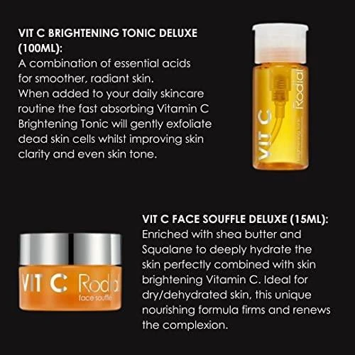 „Little Luxuries“ rinkinys „Rodial“: skaistinamasis veido gelis su vitaminu C, 20 ml + skaistinamoji pudra su vitaminu C, 15 ml + skaistinamasis tonikas su vitaminu C, 100 ml + energizuojanti veido kaukė su vitaminu C, 20 g