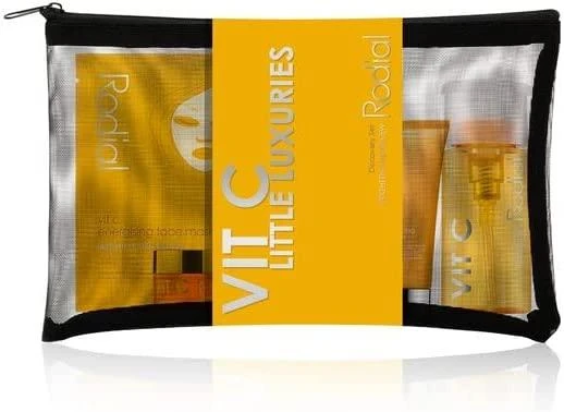 „Little Luxuries“ rinkinys „Rodial“: skaistinamasis veido gelis su vitaminu C, 20 ml + skaistinamoji pudra su vitaminu C, 15 ml + skaistinamasis tonikas su vitaminu C, 100 ml + energizuojanti veido kaukė su vitaminu C, 20 g