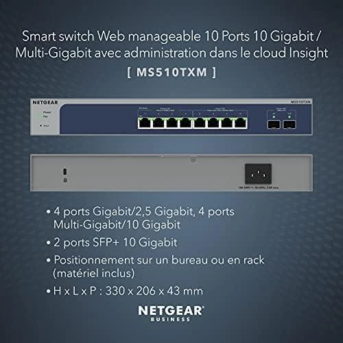Šakotuvas „NETGEAR“ 8 prievadų daugiagigabitinis/10g eterneto išmanusis valdomasis „Pro“ komutatorius su 2 SFP+ prievadais (MS510TXM)