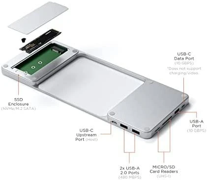 Satechi Slim Dock, skirtas iMac 24" USB-C (USB-C 10Gb, USBA-A 10Gb, 2x USB-A, mikro/SD kortelių skaitytuvas, NVMe SATA lizdas) (sidabrinė)