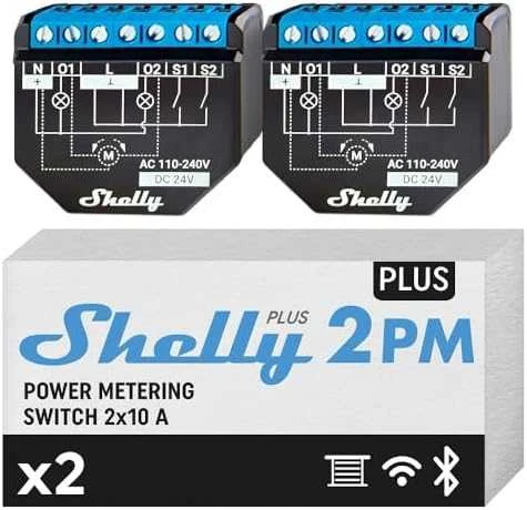 Shelly Plus 2PM 2x - 2 kanalų relė žaliuzių ir variklio valdymas su energijos matavimu Wifi Bluetooth