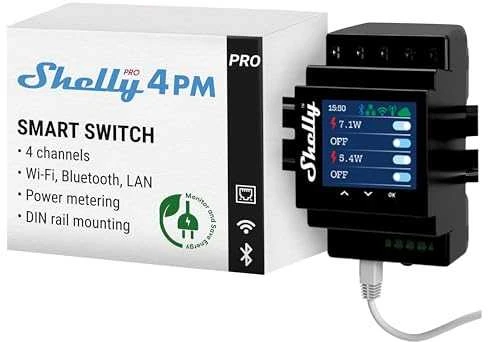 Shelly Pro 4PM 4 kanalų DIN bėgio relė jungiklis su Wi-Fi, LAN ir Bluetooth ryšiu