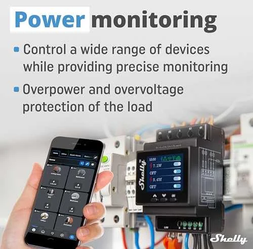 Shelly Pro 4PM 4 kanalų DIN bėgio relė jungiklis su Wi-Fi, LAN ir Bluetooth ryšiu