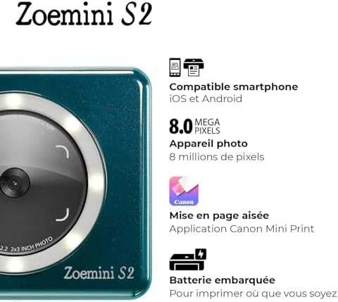 Canon Zoemini S2 mažų nuotraukų spausdintuvas ir fotoaparatas, Tamsiai žalsvai mėlynas