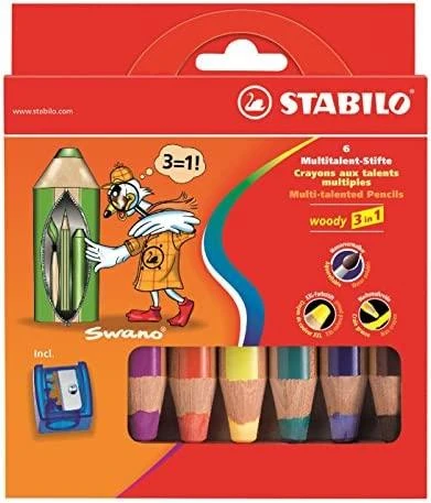 Stabilo Woody 3in1 6 spalvų pieštukai + STABILO galąstuvas