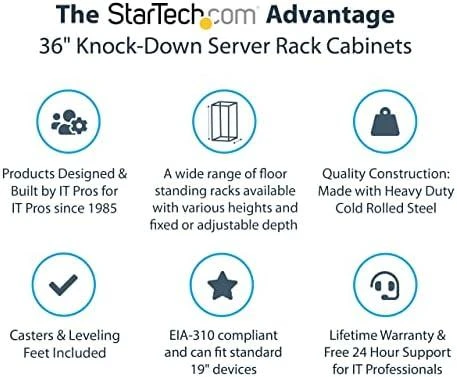 StarTech.com 4 stulpų 12U serverio stelažo spintelė, užrakinama 19 colių duomenų stelažo spintelė kompiuteriams / AV / IT įrangai, biuro / namų tinklo stelažas su ratukais ir reguliuojamais tvirtinimo bėgeliais, laisvai pastatoma stelažas, 12U, 800 kg, rakto spyna, ratukai, 43,5kg