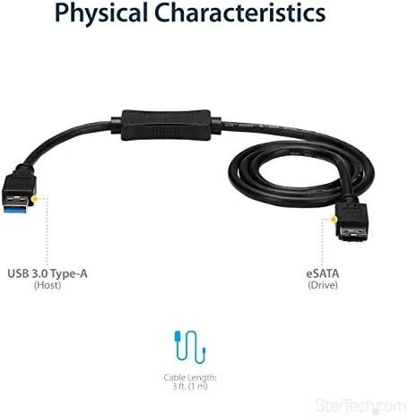 Kabelis USB StarTech USB-A - eSATA 1 m Juodas (USB3S2ESATA3)