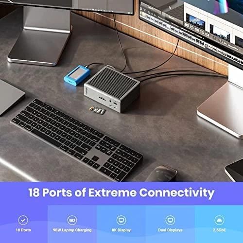 CalDigit TS4 stotelė su 18 jungčių darbo vietos pavyzdys