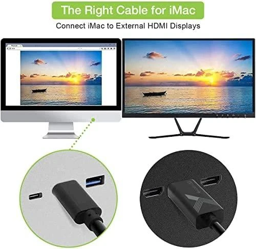 USB-C į HDMI adapterio kabelis su sujungimo pavyzdžiu