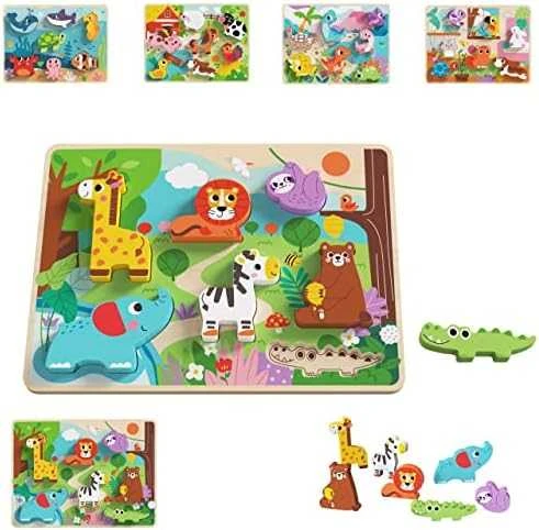 Tooky Toys TOOKY TOY medinis Montessori dėlionės gyvūnams fermai dera su formomis
