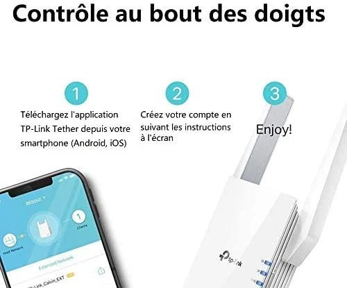 TP-LINK AX1500 „Wi-Fi 6“ diapazono plėtiklis „Broadcom 1.5GHz“ trijų branduolių procesorius, 2 išorinės antenos, jungiamas prie sienos.