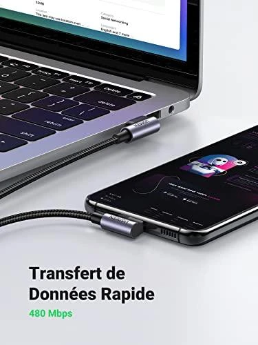 USB-C į USB-A 2.0 kampinis laidas UGREEN US176, 3A, 3m - Juodas